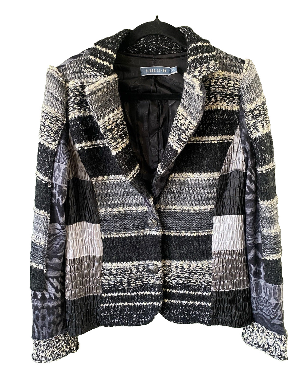 LULU H Blazer Jacket Womens Size XL Gray Career Office Jacquard Black Gray Knit